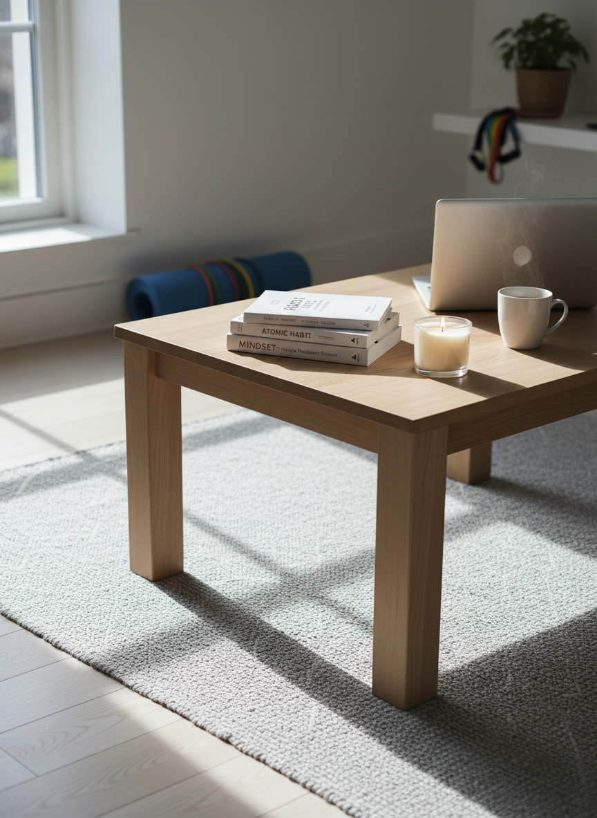 A minimalist living room corner features a sturdy, light-wood coffee table with a single, neatly stacked set of self-improvement books and a closed laptop, its metallic surface reflecting soft light. Beside them, a small, flickering soy candle and a ceramic cup of herbal tea send delicate steam upward, adding warmth. A large window outside the frame bathes the scene in gentle morning light, casting calm, elongated shadows across a textured rug. In the distant blur, a fitness mat and resistance bands rest against the wall, hinting at physical recovery. Photographic realism, eye-level framing, and a clean, Scandinavian-inspired aesthetic create a peaceful, motivating environment for planning a way back into life.