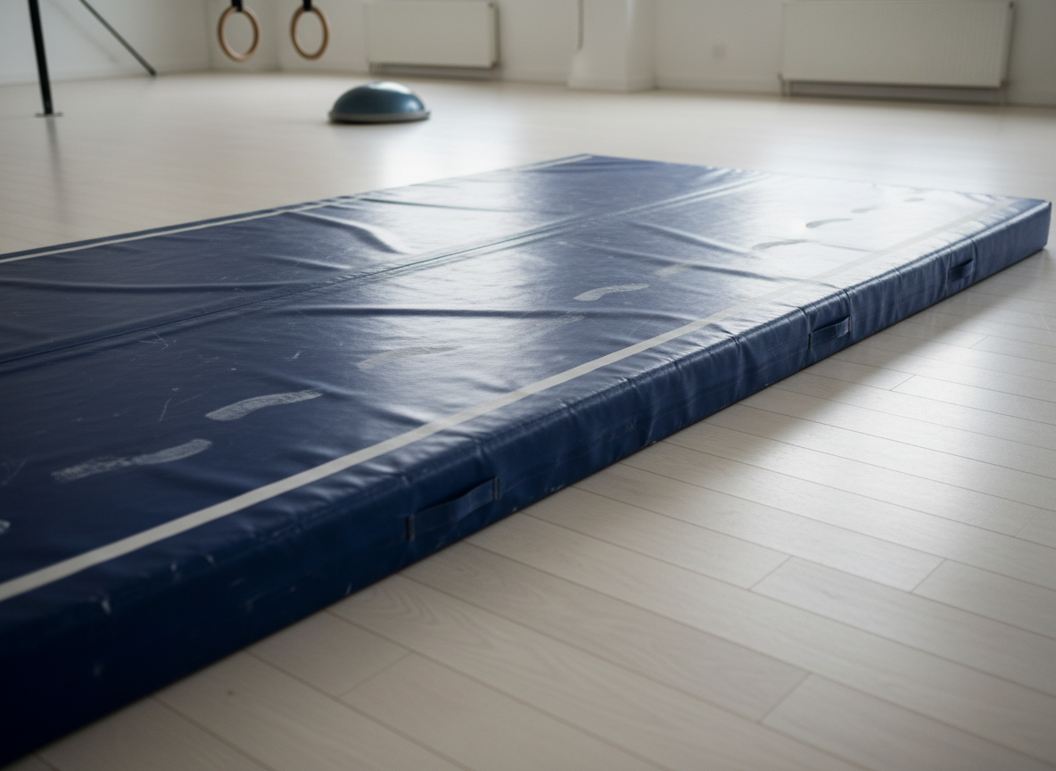 A sturdy, slightly scuffed gymnastic crash mat lies unfolded in the center of a bright studio with pale wooden floors, its deep blue vinyl surface creased from countless landings and comebacks. Along one edge, a chalk line and faint footprints tell stories of repeated attempts and perseverance. Large windows out of frame flood the space with diffused, overcast daylight, creating soft reflections on the mat and delicate shadows along its edges. In the blurred background, gym rings and a balance trainer hang quietly. Photographic realism with a wide, slightly elevated angle and sharp focus throughout emphasizes space, safety, and the courage to try again, embodying the theme of backflipping into life.