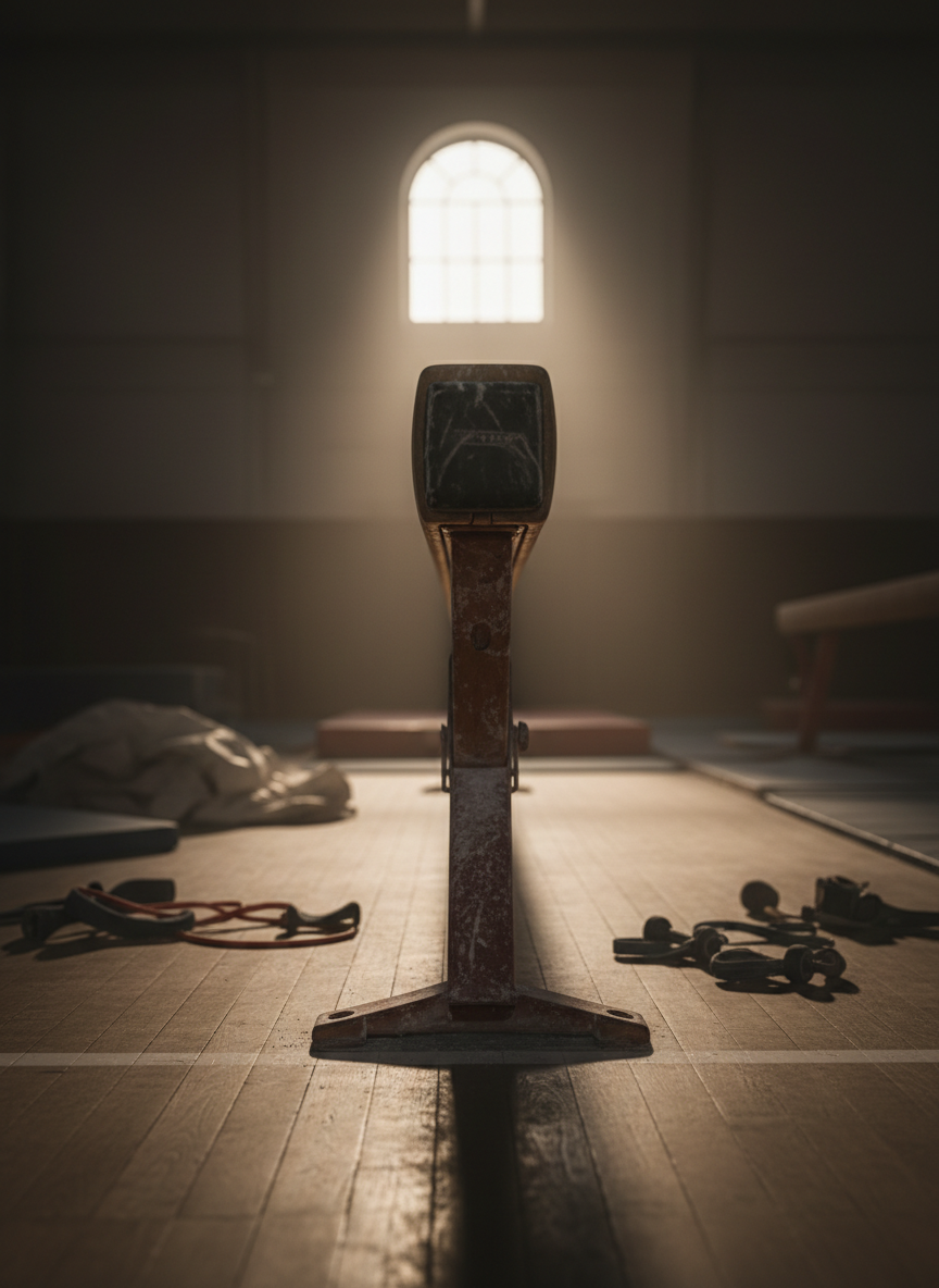 A weathered wooden gymnastic balance beam stands alone in the center of a dim sports hall, its surface slightly worn and chalk-dusted, symbolizing resilience. Around it, the floor is marked with faded lines and scattered training equipment lying out of focus, suggesting a long journey of practice and recovery. A single shaft of soft morning light streams in from a high window, illuminating the beam and casting a long, hopeful shadow. Photographic realism with a low-angle, eye-level composition, shallow depth of field, and gentle warm tones create a contemplative yet motivating atmosphere, capturing the moment before a decisive backflip back into life.