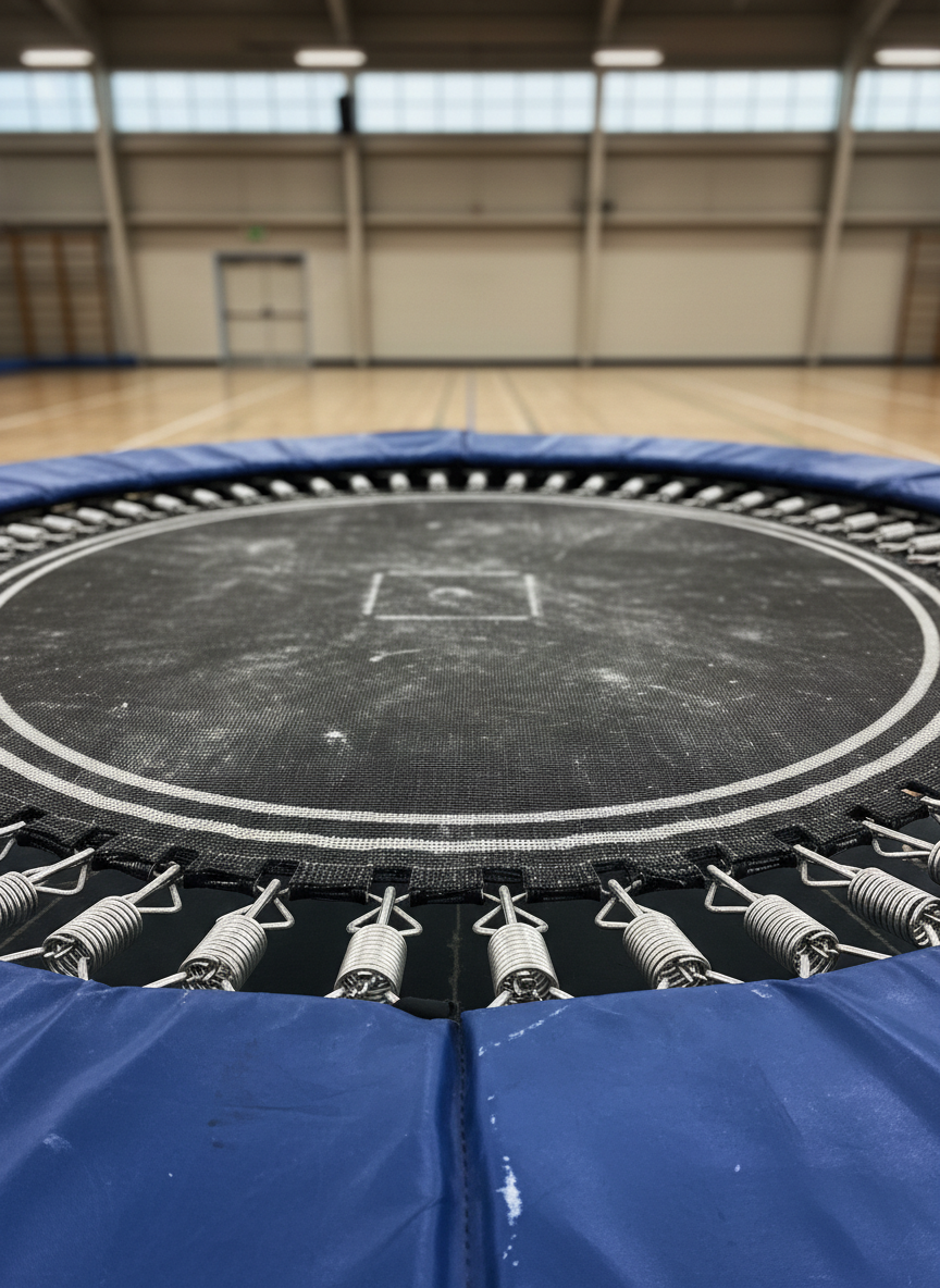 A close-up of a slightly worn trampoline surface shows its dark, matte fabric subtly textured with fine dust and faint chalk marks, surrounded by taut, gleaming metal springs radiating outward in precise order. The edge padding, a deep blue, bears small scuffs and creases from years of use, symbolizing endurance. The background is softly blurred gym flooring and faint wall lines. Overhead studio lighting and a narrow skylight create a balanced, diffused illumination with gentle highlights on the springs and soft shadows in the fabric weave. Photographic realism with a tight, centered composition and shallow depth of field gives the scene an intense, focused, motivational energy, like the moment before a powerful backflip.