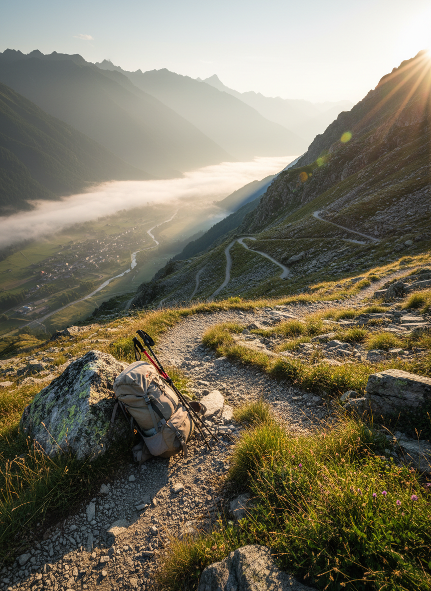 A rugged mountain trail sharply zigzags up a steep hillside, captured from mid-slope where a single, slightly worn backpack sits against a rock, symbolizing a pause in the journey. The path is lined with small, determined tufts of grass pushing through gravel, while in the distant valley below, a soft morning mist still lingers, partially obscuring what lies behind. Early sunrise light spills over the ridge, casting long, dramatic shadows and bathing the scene in warm, golden tones. Photographic realism with a leading-line composition draws the eye upward along the trail, creating a motivating, cinematic atmosphere of struggle, ascent, and return to life.
