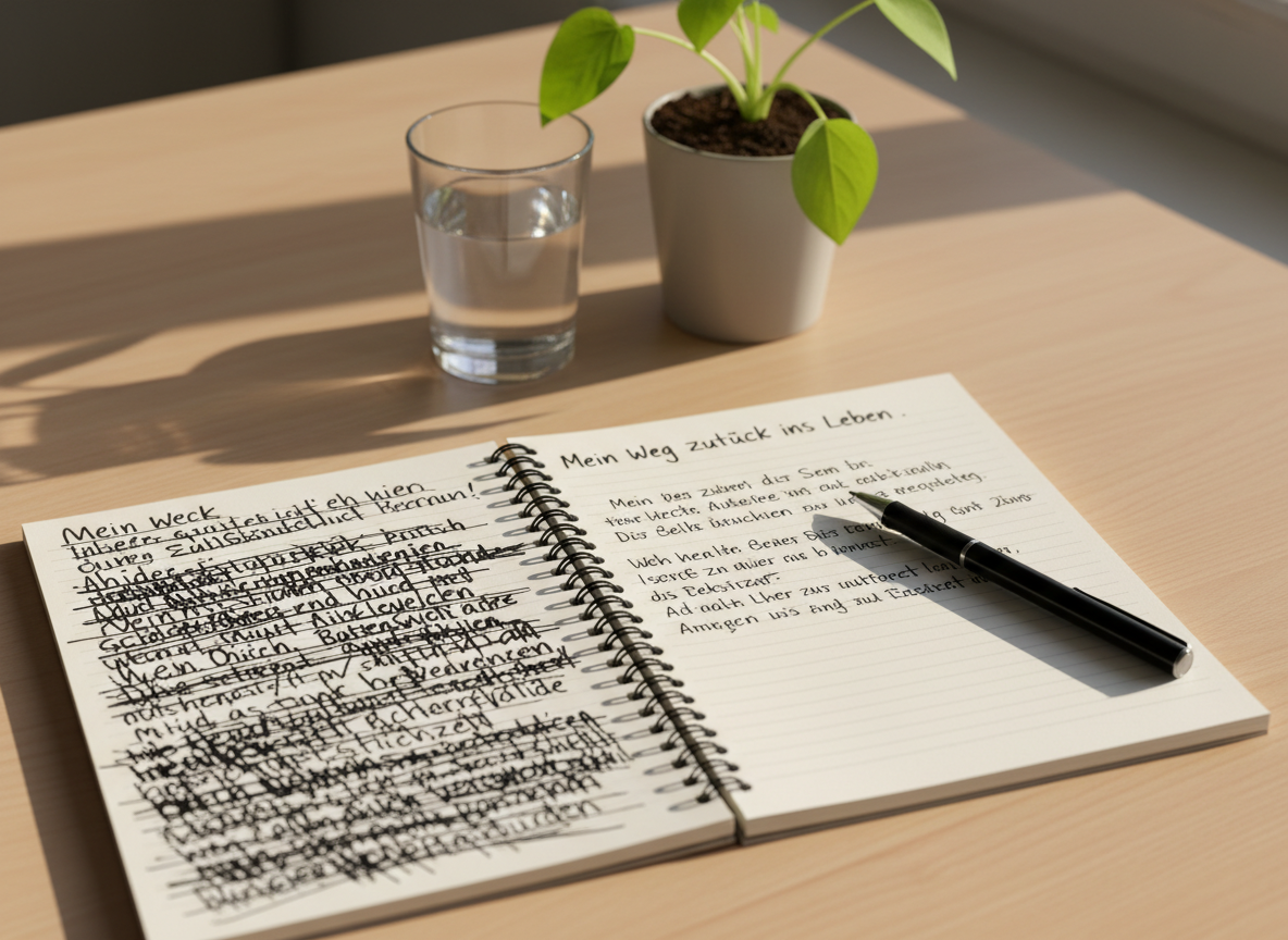 An open spiral notebook lies on a smooth wooden desk, its pages filled on one side with messy, crossed-out German phrases and on the other with neat, clear handwriting titled “Mein Weg zurück ins Leben.” A simple black pen rests diagonally across the clean page, inviting the next chapter. In the background, slightly out of focus, stands a small potted plant with new, bright green leaves beside a glass of water catching light. Soft afternoon daylight filters through an unseen window, creating gentle highlights on the paper and subtle shadows along the pen. Photographic realism, eye-level composition, and a calm, minimalist setting convey introspection, renewal, and motivation.